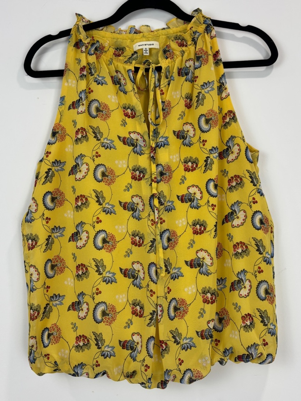 Max Studio Yellow Floral Sleeveless Blouse S Boho Peasant Tie Neck Summer Top